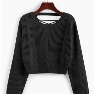 Cropped Cable knit sweater w/ cross stitched back